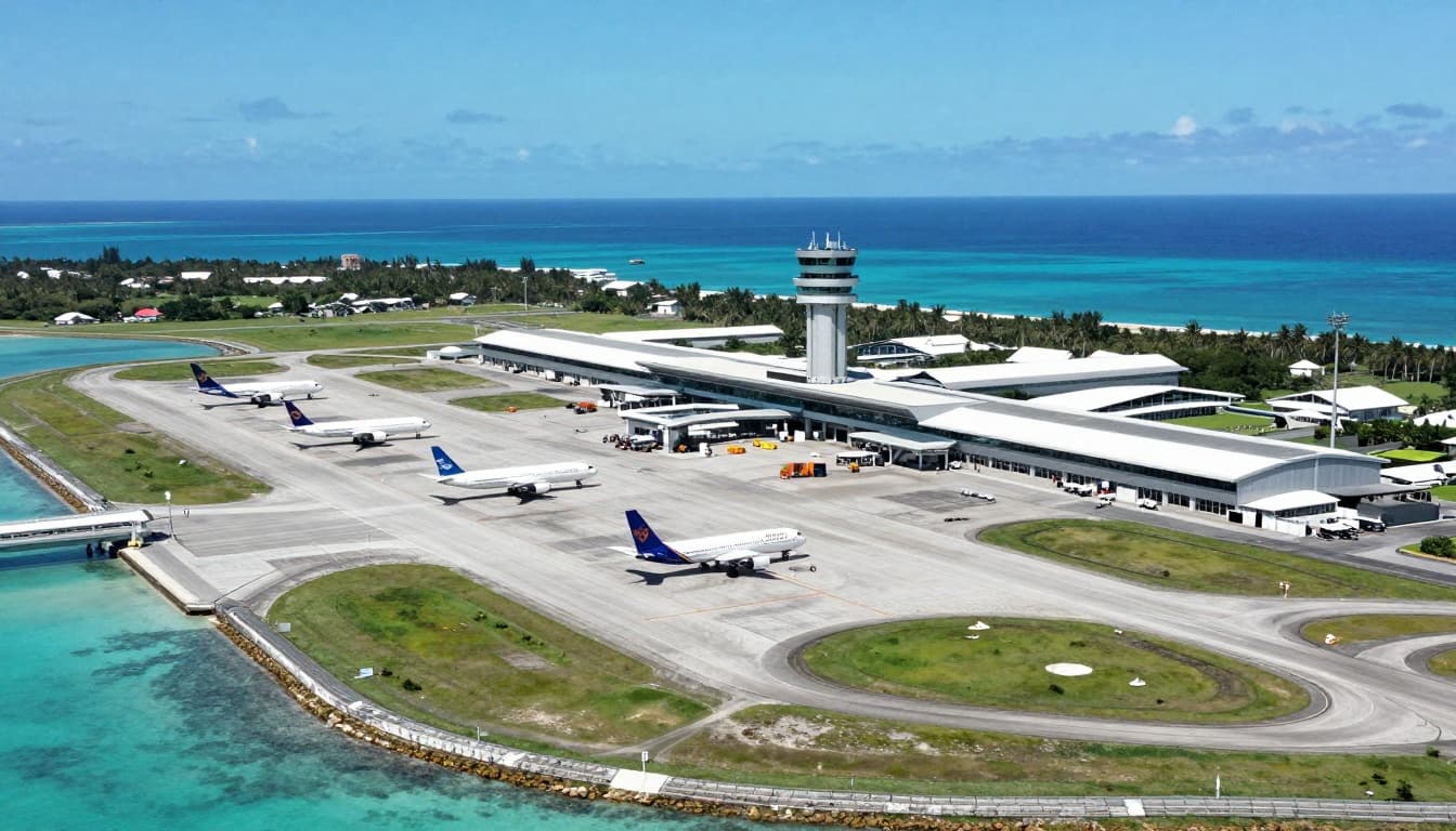 Bahamas Tourist Visa for Bangladeshi 2026 | 90 Days 6 Photorealistic aerial view of Nassau Lynden Pindling International Airport in the Bahamas, showing planes on the tarmac, control tower, terminal buildings, surrounded by turquoise ocean and green landscape under a clear blue sky.