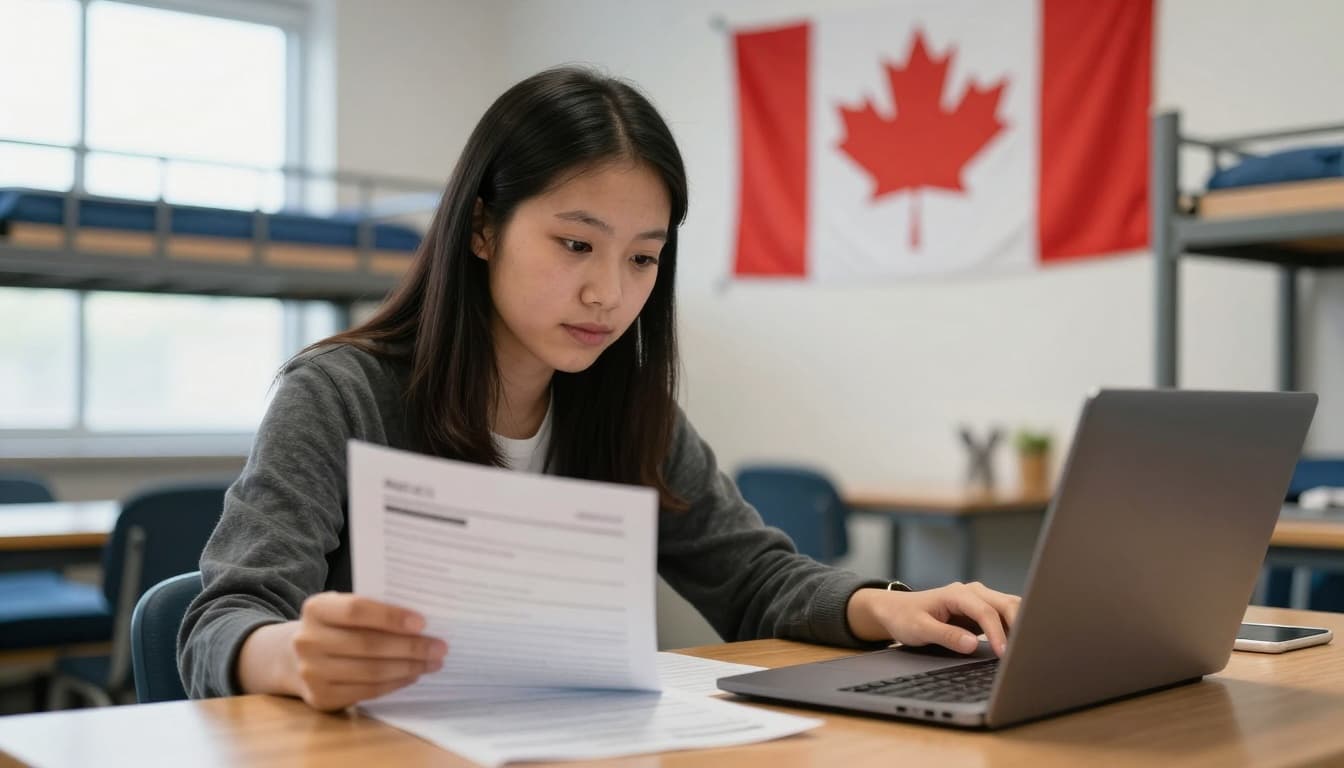 How to Renew My Study Permit Canada: IRCC Guide 2026 5 An international student of Asian descent sits at a wooden desk in a bright dorm room with a Canadian flag on the wall, reviewing immigration documents and typing on a laptop open to the IRCC website.
