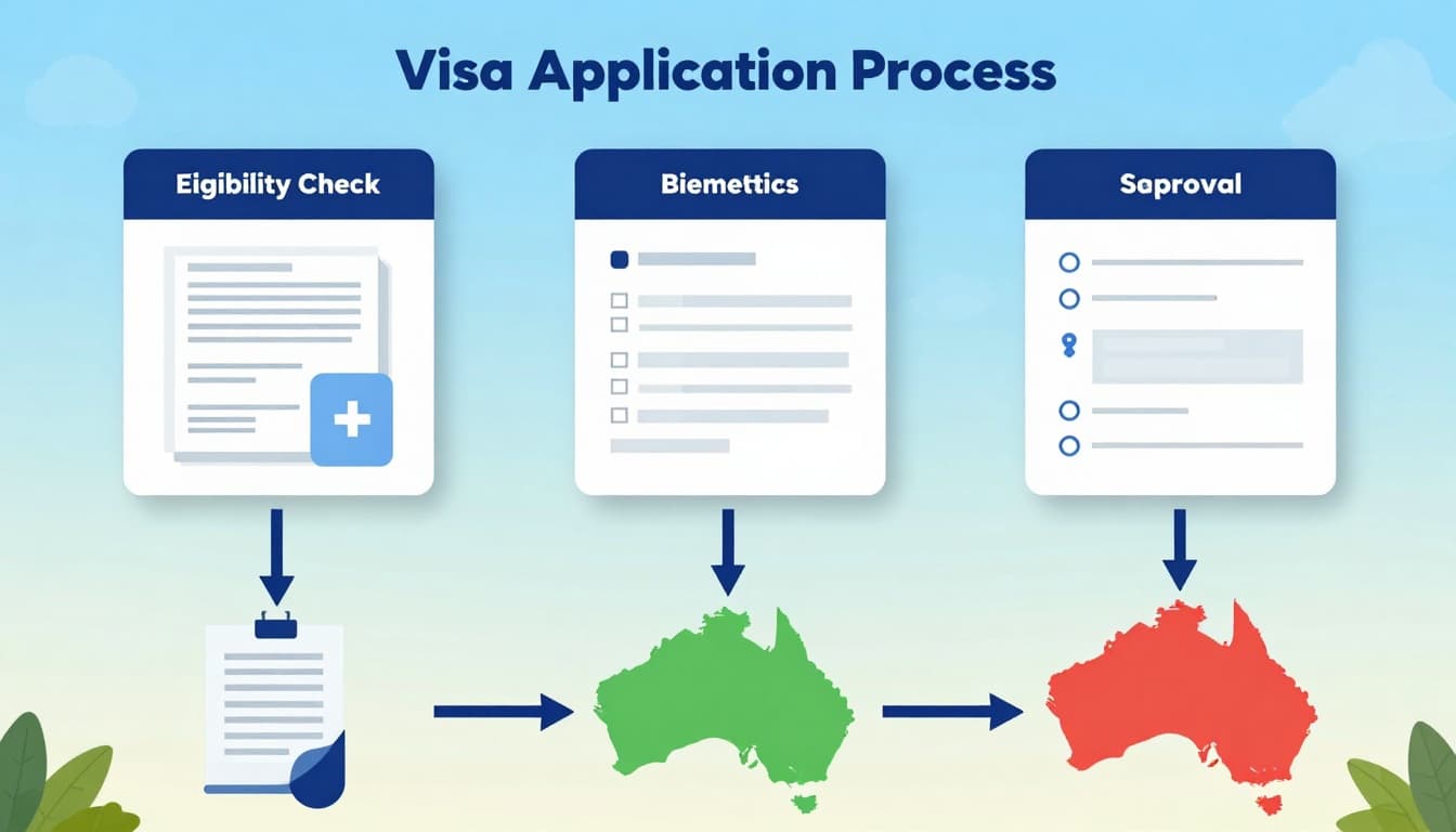 A detailed step-by-step flowchart of the Australia visa application process, from eligibility check to approval, featuring icons for documents, online forms, biometrics, and visa grant. Rendered in vibrant Australian-themed colors with a clear, realistic digital art style for easy understanding.