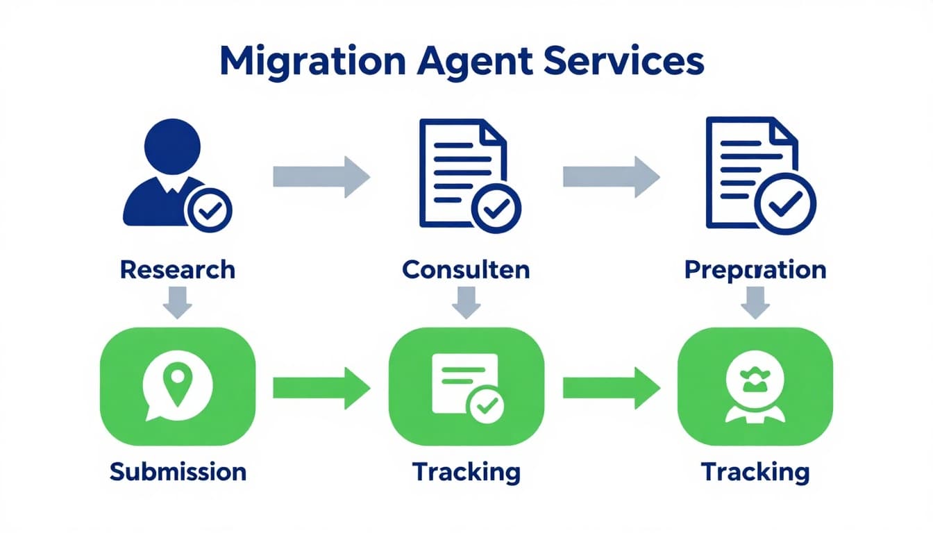 Infographic style image depicting the step-by-step process of using migration agent services for Australian visas, with icons for research, consultation, document preparation, submission, tracking, and approval in a clean modern design.