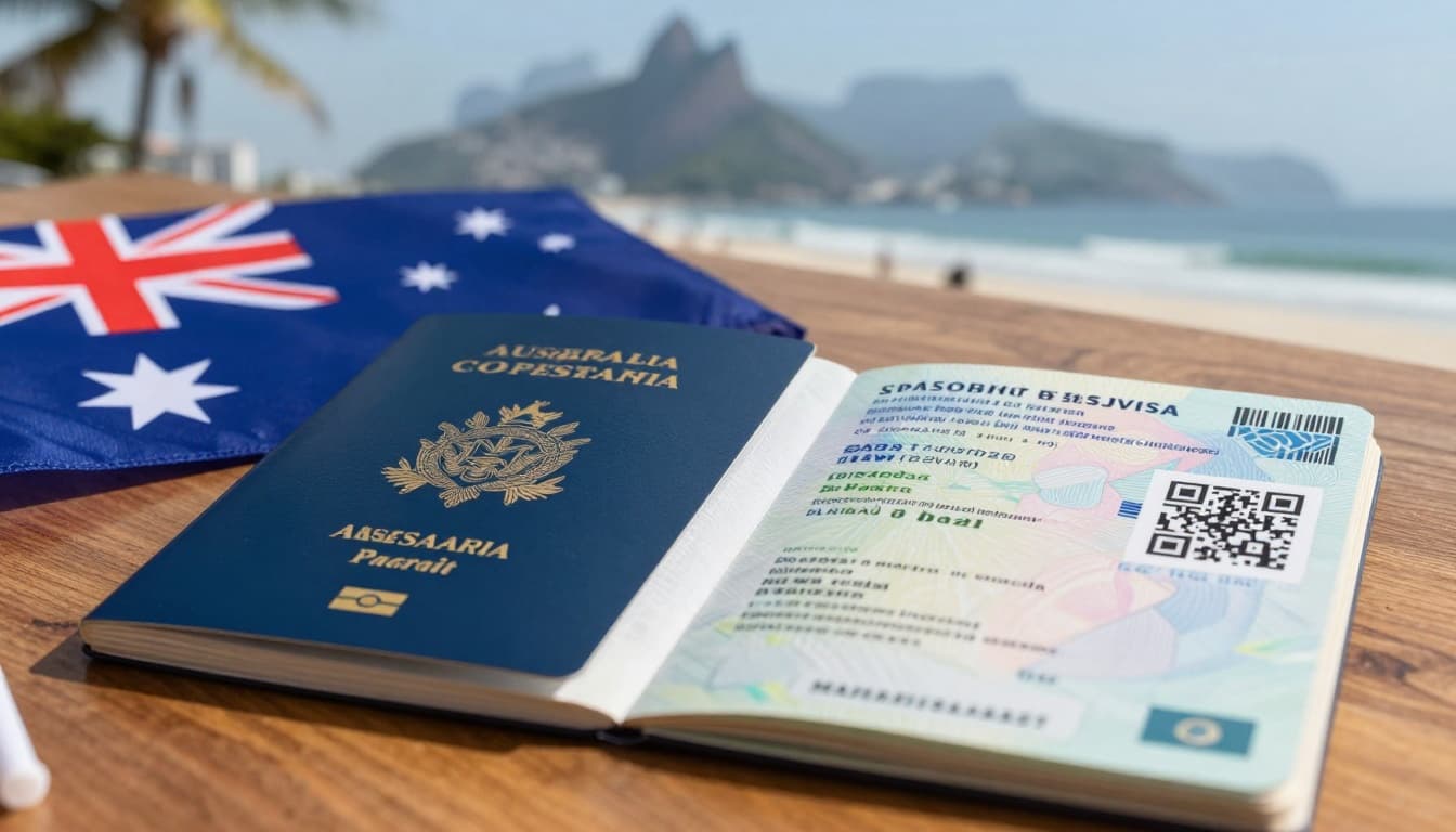 Close-up of an open Australian passport data page next to a printed Brazilian tourist eVisa approval with prominent QR barcode on a wooden table. Blurred background features Copacabana beach in Rio de Janeiro with palm trees, ocean waves, and a nearby Australian flag.