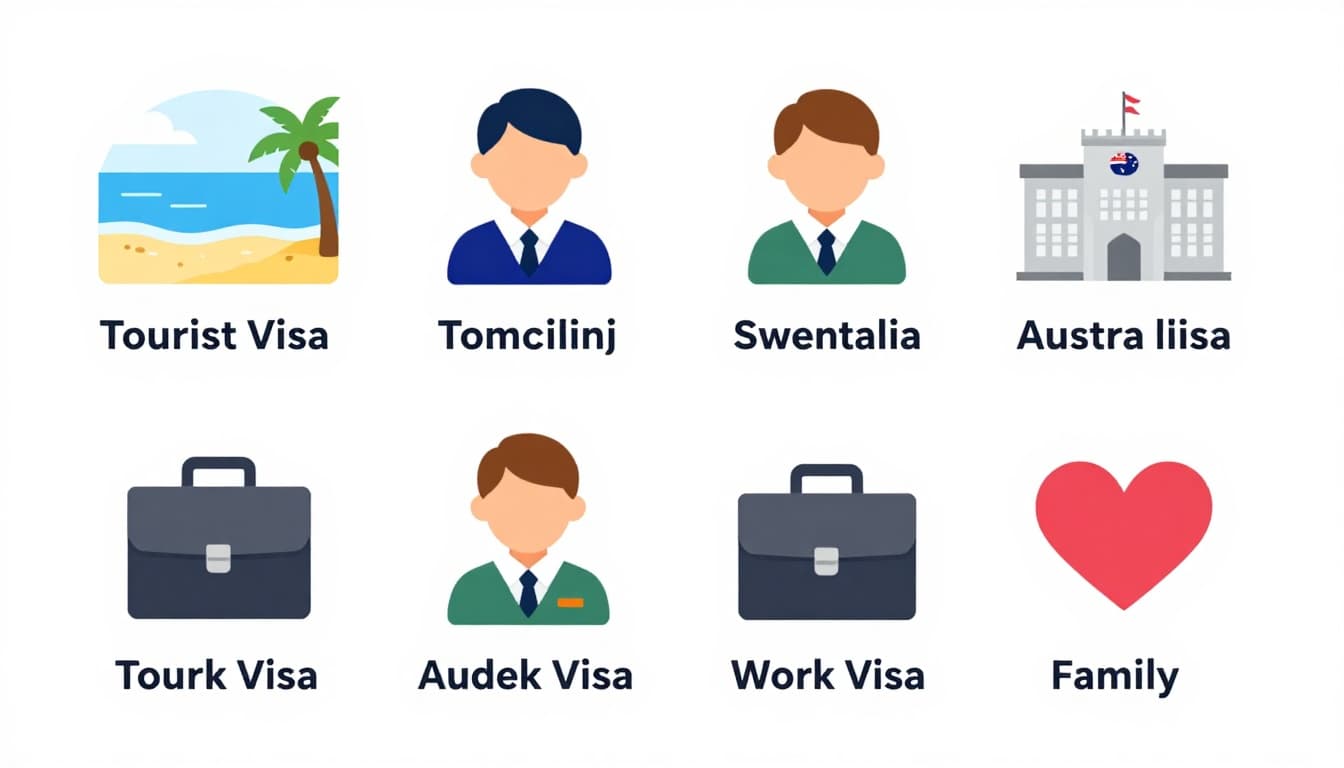Illustration of various Australian visa types icons including tourist with beach, student with university, work with briefcase, and family with heart. Clean, colorful infographic in modern flat design on white background with subtle Australian flag elements.