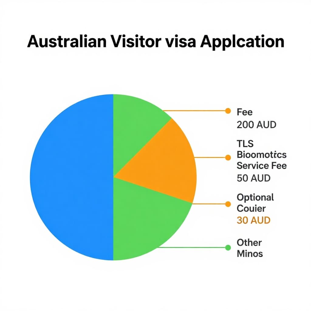 TLS Australian Visa Application: Fees, Tips for 600/651 3 A clear pie chart illustrating the costs for an Australian visitor visa application, with segments for government fee (around 200 AUD), TLS biometrics service fee (50 AUD), optional courier (30 AUD), and other minor fees. Bright colors like blue for government, green for service, and orange for extras, on a simple professional background with a legend.