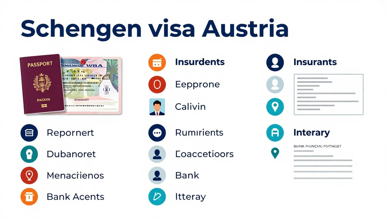 Infographic checklist of essential documents for Schengen visa to Austria, featuring icons of passport, visa form, photos, insurance certificate, bank statements, and itinerary on a clean white background.