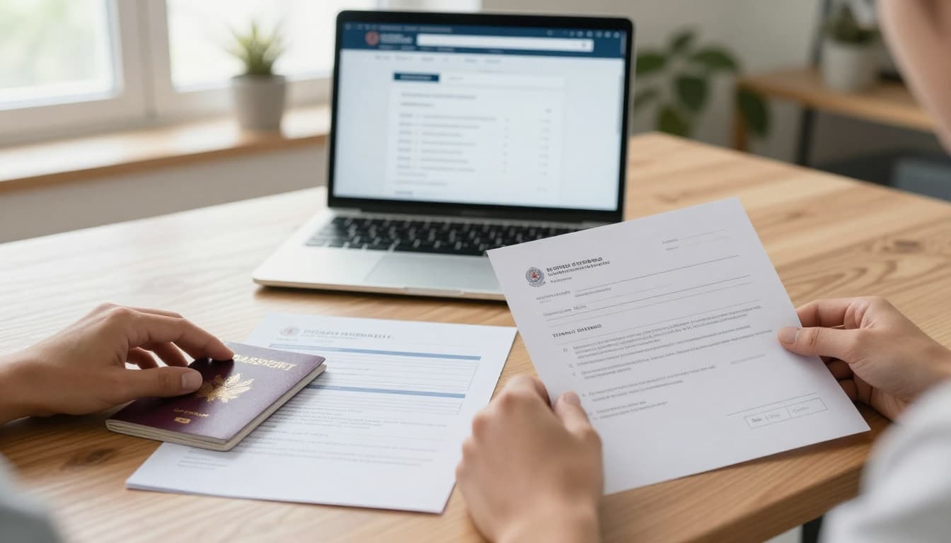 Hands professionally arrange visa documents like passport, application form, invitation letter, and financial proofs on a wooden desk in a bright home office, with a laptop in the background displaying an Austria visa portal.