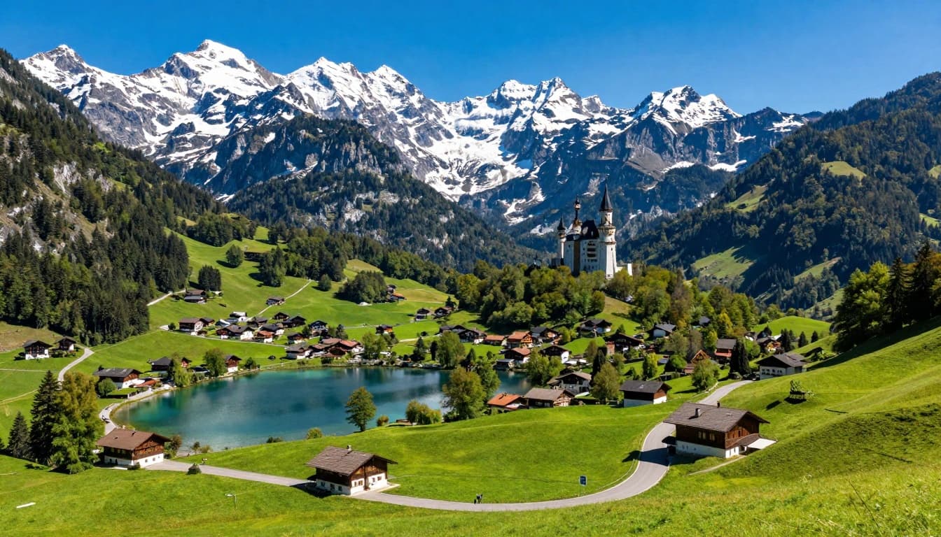 Vibrant realistic landscape of Austria's Alps featuring snow-capped peaks, crystal-clear foreground lakes, charming alpine villages below, and a majestic castle on a hilltop, with a winding mountain road, bright daylight, blue skies, and green meadows evoking adventure and serenity.