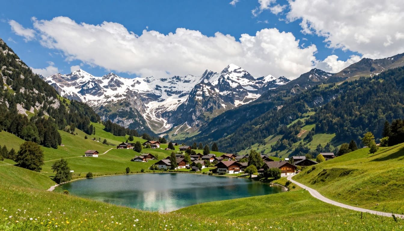 A stunning photorealistic view of the Austrian Alps featuring snow-capped mountains, green valleys, a crystal-clear lake, and a cozy alpine village in early summer under a bright blue sky.