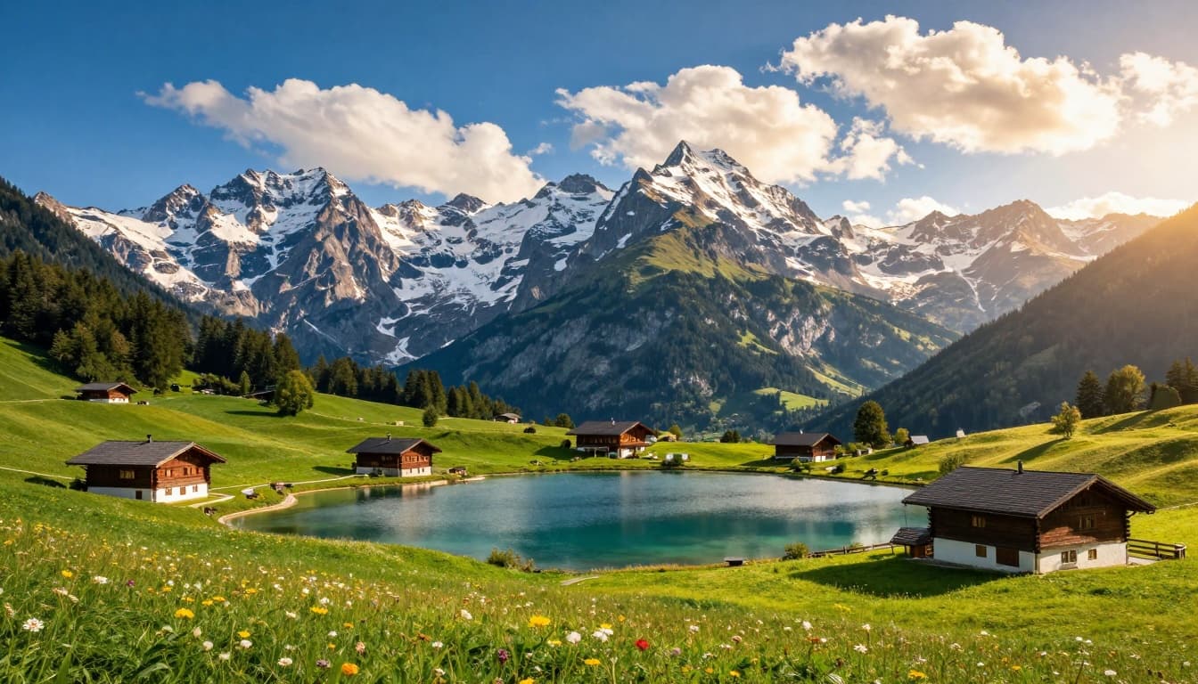 A breathtaking summer view of the Austrian Alps featuring snow-capped mountains behind a crystal-clear alpine lake, green meadows with wildflowers, and traditional wooden chalets under a vibrant blue sky.