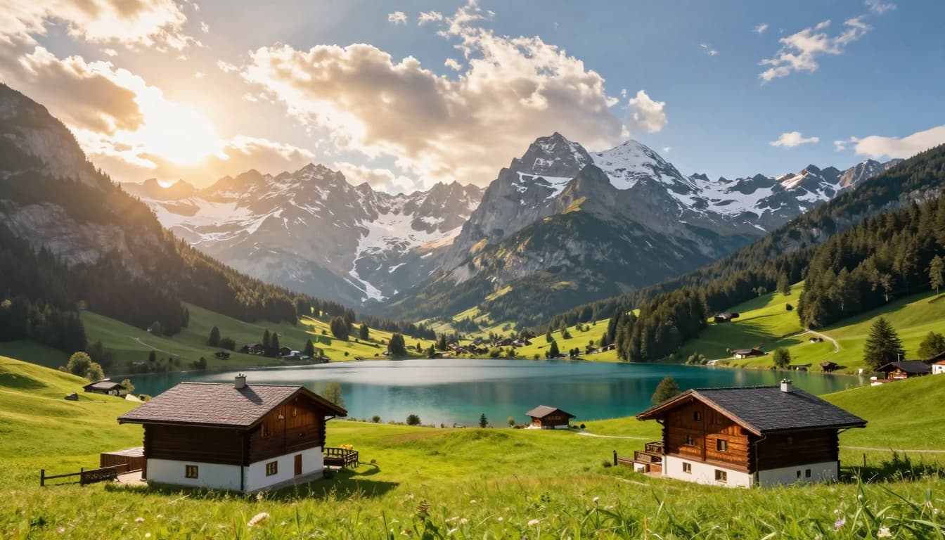 A breathtaking summer view of the Austrian Alps featuring snow-capped peaks, lush green meadows, crystal-clear lakes, and a traditional wooden chalet in the foreground bathed in golden hour sunlight.