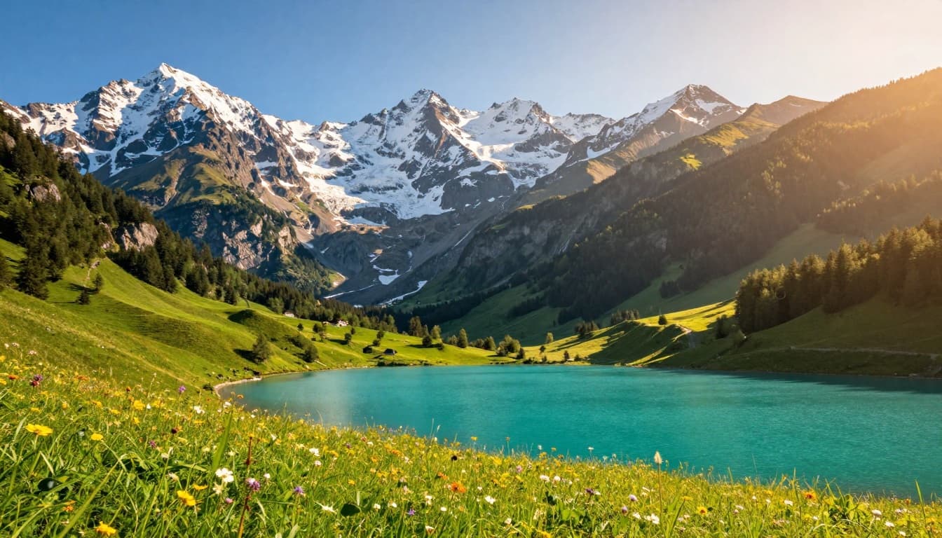 Austria Tourist Visa from India Guide | Schengen Type C 2 A stunning realistic photograph of the Austrian Alps with snow-capped peaks, lush green valleys, a pristine turquoise lake, and wildflowers under early morning golden sunlight.