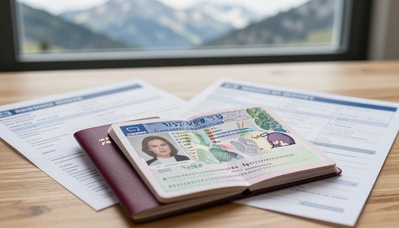 Austria Tourist Visa Fees Guide: Rates, Exemptions, and Tips 5 A detailed realistic photograph of a passport open on a wooden desk displaying an Austrian Schengen visa sticker, surrounded by travel documents including flight itinerary, hotel booking, and insurance papers. Soft focus Austrian Alps visible through a window in natural daylight.
