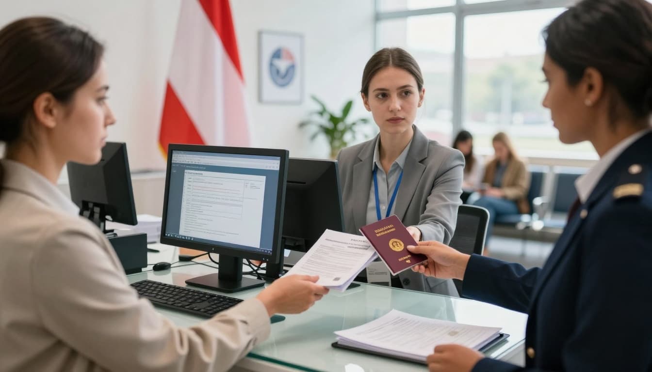 How to Apply for an Austria Visa: How to Apply for Schengen 2 A diverse traveler in business casual hands passport and documents to a consular officer behind a glass counter in a modern Austrian visa application center, featuring flags, computer screens, and a waiting area.