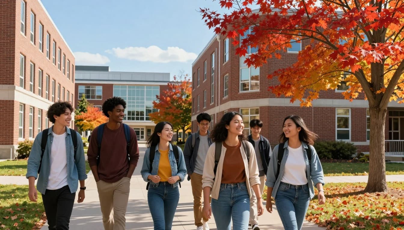 Study Permit Canada Requirements Guide | DLI PAL TAL Funds 2 A vibrant university campus in Canada during autumn, with diverse international students smiling and walking together between modern brick buildings and maple trees displaying red and orange leaves under a clear blue sky.