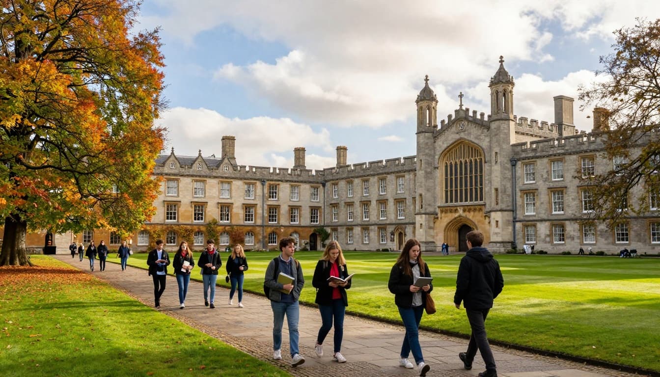 A vibrant landscape view of a prestigious Irish university campus in autumn, with historic stone buildings surrounded by lush green lawns and tall trees with colorful leaves. Students walk along cobblestone paths carrying books and laptops, chatting in small groups.