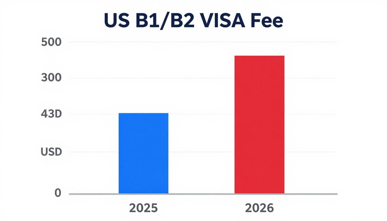 Clean infographic bar chart comparing US B1/B2 visa fees for Indian applicants: $185 USD in 2025 (blue bar) versus $435 USD in 2026 (taller red bar). Modern flat design on white background with subtle grid lines, y-axis from 0-500 USD, and centered composition for clear information.