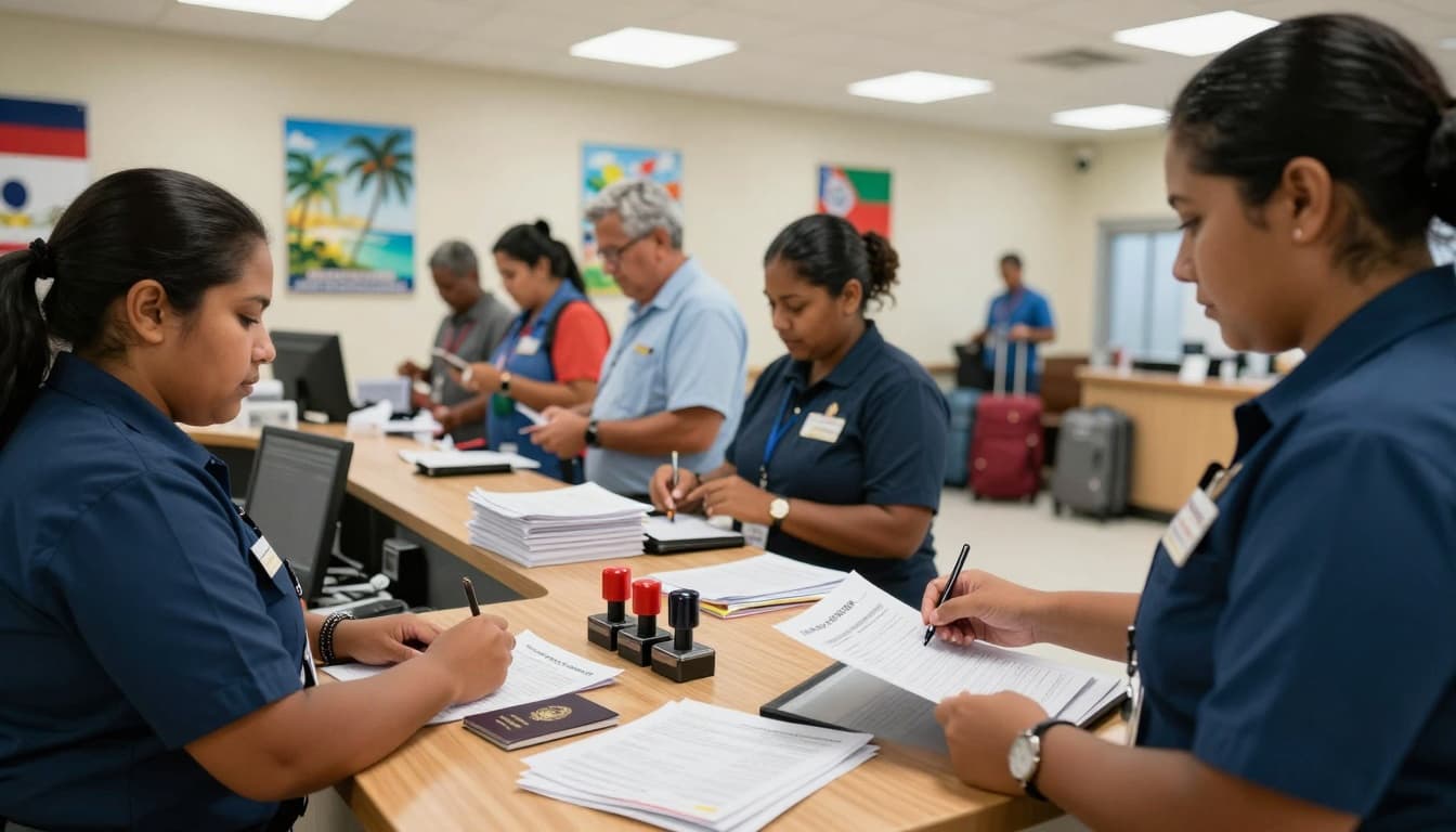 A realistic detailed photograph of the immigration counter at a Bahamas airport office, featuring officers stamping passports, processing forms, stacks of visa applications, and travelers waiting in queue under bright lighting.