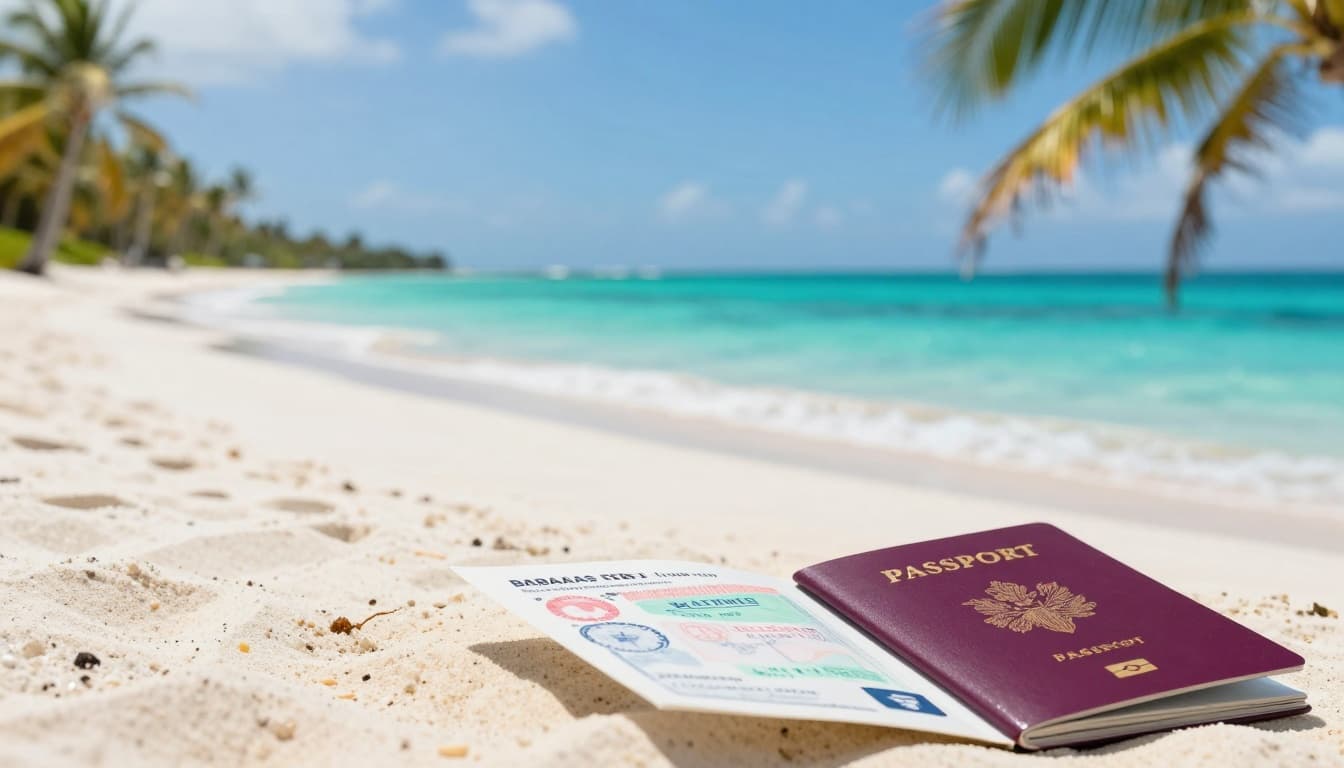 A serene tropical beach in the Bahamas with turquoise waters, white sands, palm trees, and an open passport showing entry stamp and extension sticker on the sand.