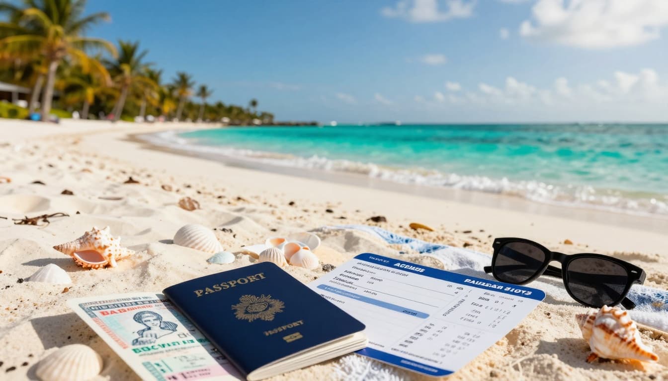 Vibrant Bahamas beach scene featuring crystal clear turquoise waters lapping at white sandy shores with swaying palm trees under a bright blue sky. Foreground shows an open passport with Bahamas stamp, return airplane ticket, and hotel booking on a beach towel amid seashells and sunglasses in golden hour light.