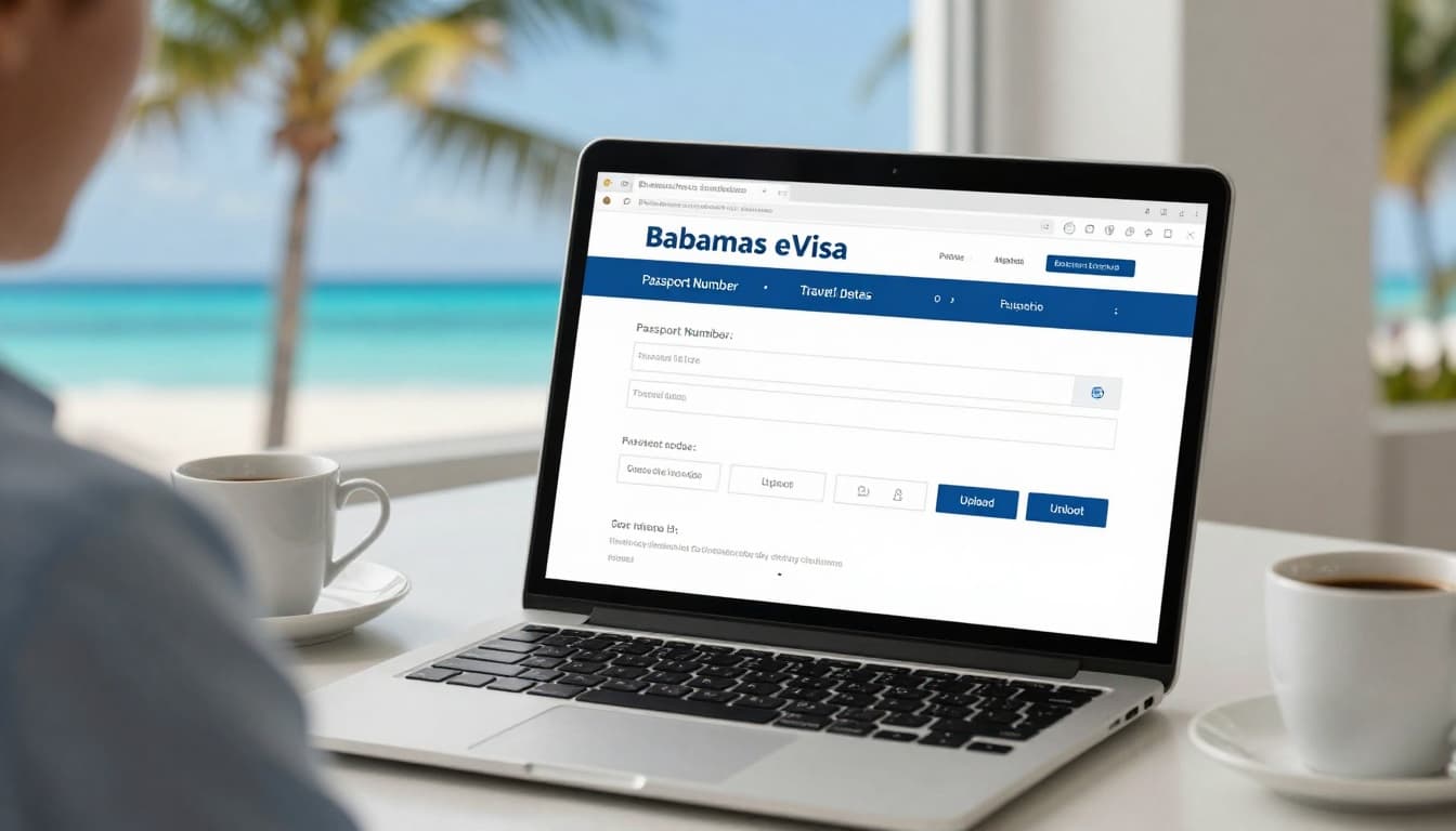 Bahamas Tourist Visa Application Form: Easy Online Guide 2 Detailed photorealistic image of a person at a modern office desk using a laptop open to the Bahamas eVisa application form, with a window view of turquoise beaches and palm trees.
