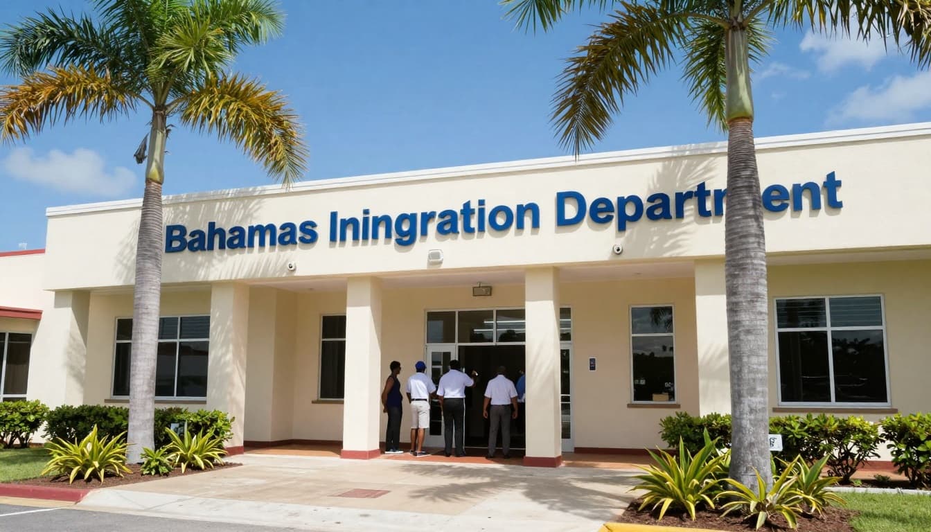Photorealistic view of the Bahamas Immigration Department building exterior in Nassau during a clear sunny daytime, featuring palm trees, official signage, people entering, and a welcoming atmosphere with blue skies.