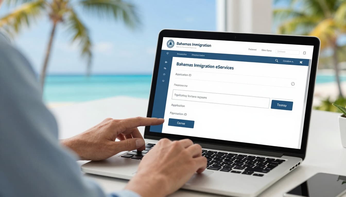 A professional at a desk in a bright office checks the Bahamas Immigration eServices portal on a laptop screen, showing the application tracking section with Application ID and name fields entered, tropical Bahamas background through window.