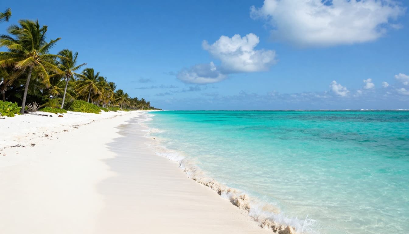 Bahamas Tourist Visa from Philippines: Quick Online Guide 2 A stunning landscape of white sand beaches in the Bahamas with crystal clear turquoise waters, swaying palm trees, and a bright sunny sky.