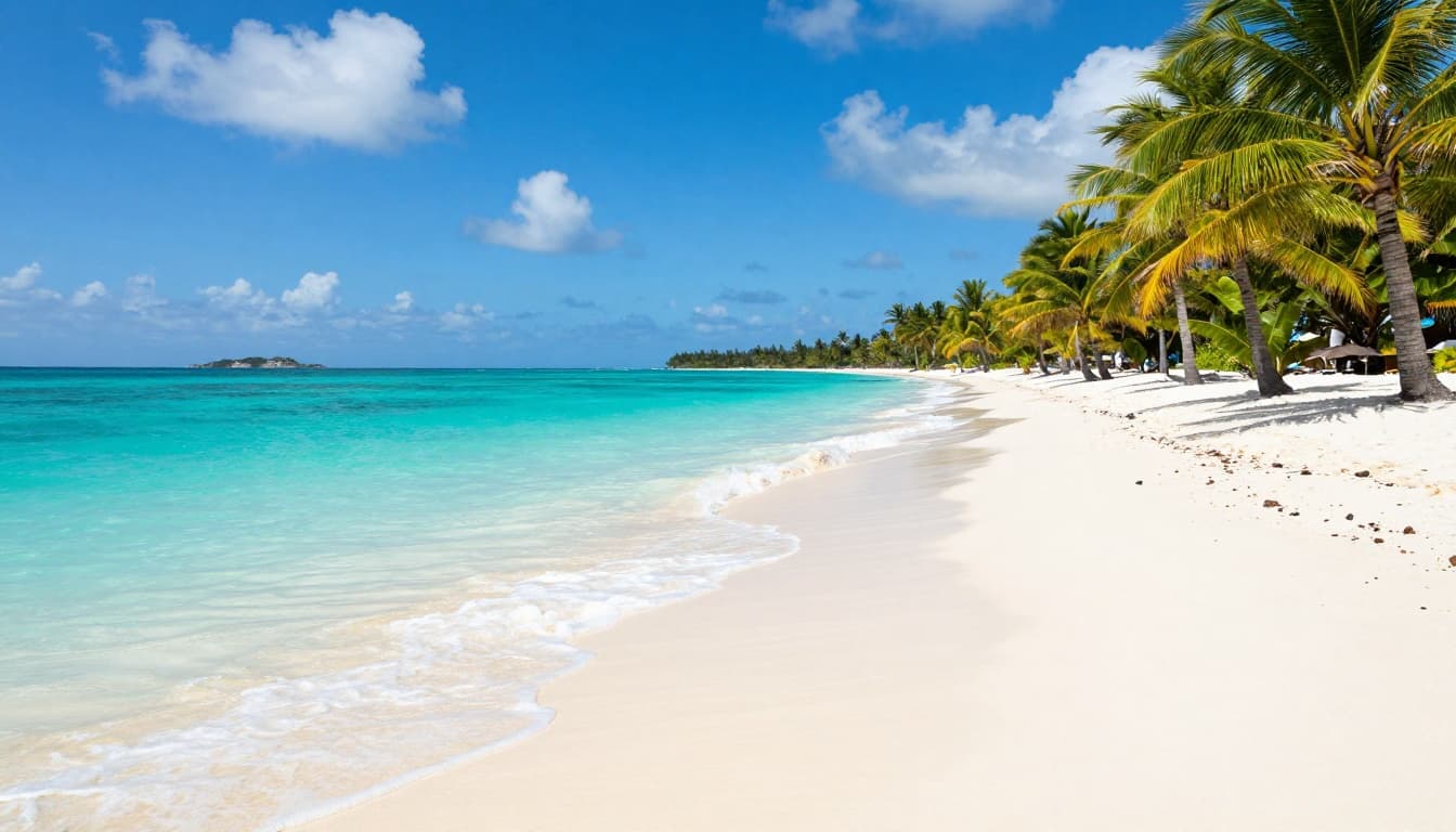Bahamas Tourist Visa for Bangladeshi 2026 | 90 Days 5 Vibrant tropical beach in the Bahamas featuring crystal clear turquoise ocean water lapping at powdery white sand, with tall palm trees swaying in a light breeze under a bright sunny sky.