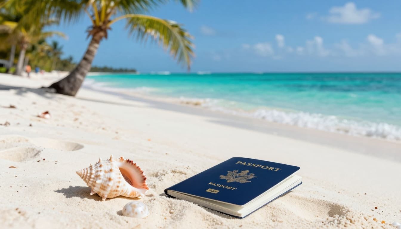 Bahamas Tourist Visa: Do You Need One and How to Apply 2 A stunning turquoise ocean beach in the Bahamas with white sand, swaying palm trees in the foreground, gentle waves, and a realistic open passport lying on the sand near seashells under a clear blue sky.