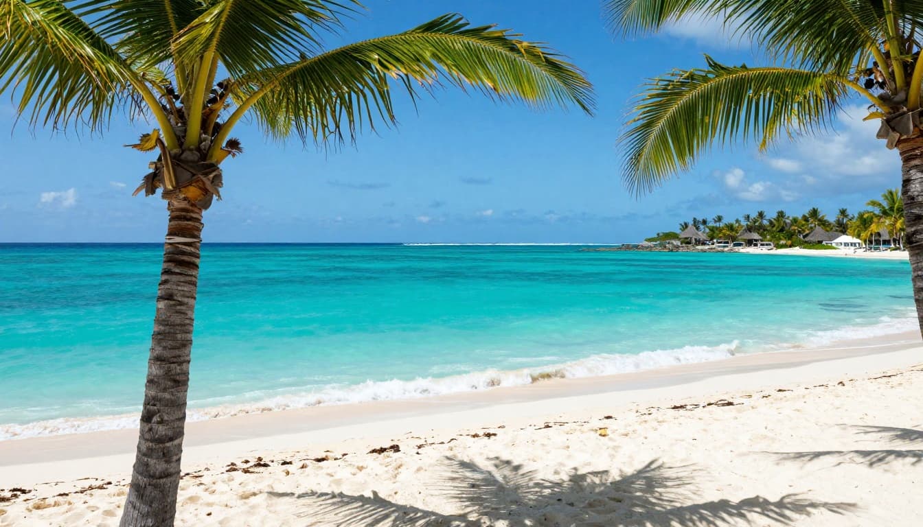 Bahamas Tourist Visa for Indian Citizens Guide | Exemptions 5 Vibrant turquoise waters lap against white sandy beaches in the Bahamas, with palm trees in the foreground under a clear blue sky on a sunny day. Realistic high-detail photography of a tropical paradise landscape with gentle waves and no people.