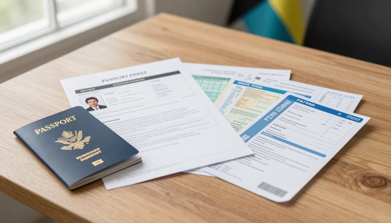 Bahamas Tourist Visa for Indian Citizens Guide | Exemptions 6 A neatly organized stack of passport, visa forms, passport photos, bank statements, flight tickets, and hotel bookings on a wooden desk, captured in a top-down realistic photo with soft natural lighting and a subtle Bahamas flag in the background.