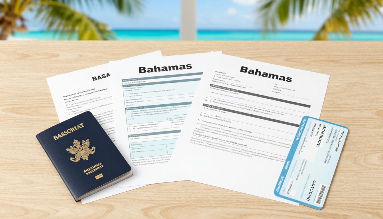 Bahamas visa application documents spread on a clean wooden table, including passport, application form, medical certificate, proof of funds, and return ticket. Top-down photorealistic view with soft natural lighting and tropical ocean background.