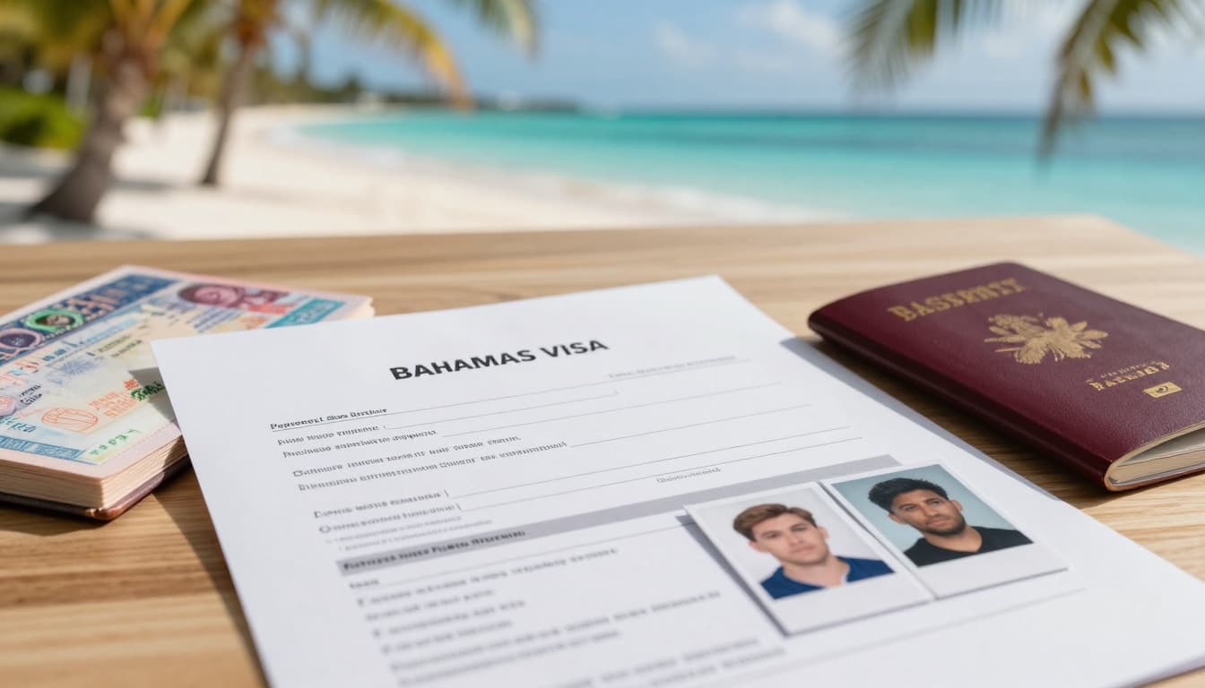Close-up of a printed Bahamas visa application form on a wooden desk beside an open passport and passport-sized photos, with a blurred tropical Bahamas beach in the background evoking travel preparation.