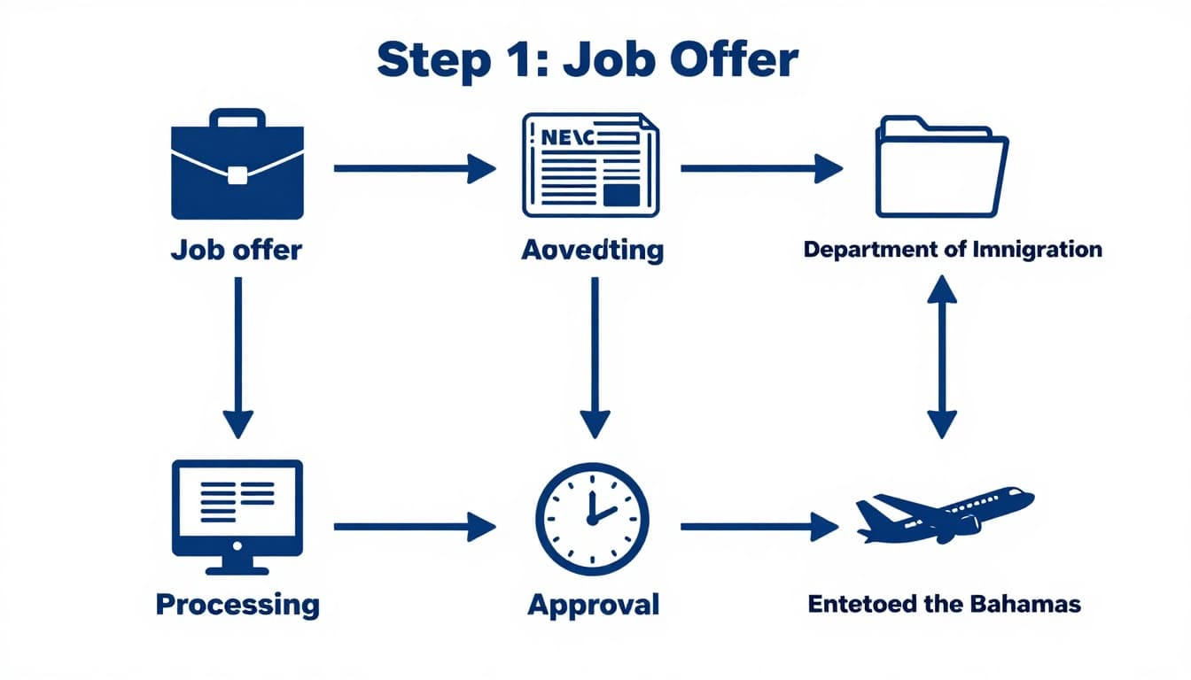 A clear, professional flowchart detailing the step-by-step process for applying for a Bahamas work permit, from job offer and local advertising to approval and entry. Features simple icons like briefcase, newspaper, and airplane, connected by arrows in a clean blue and white vector style.