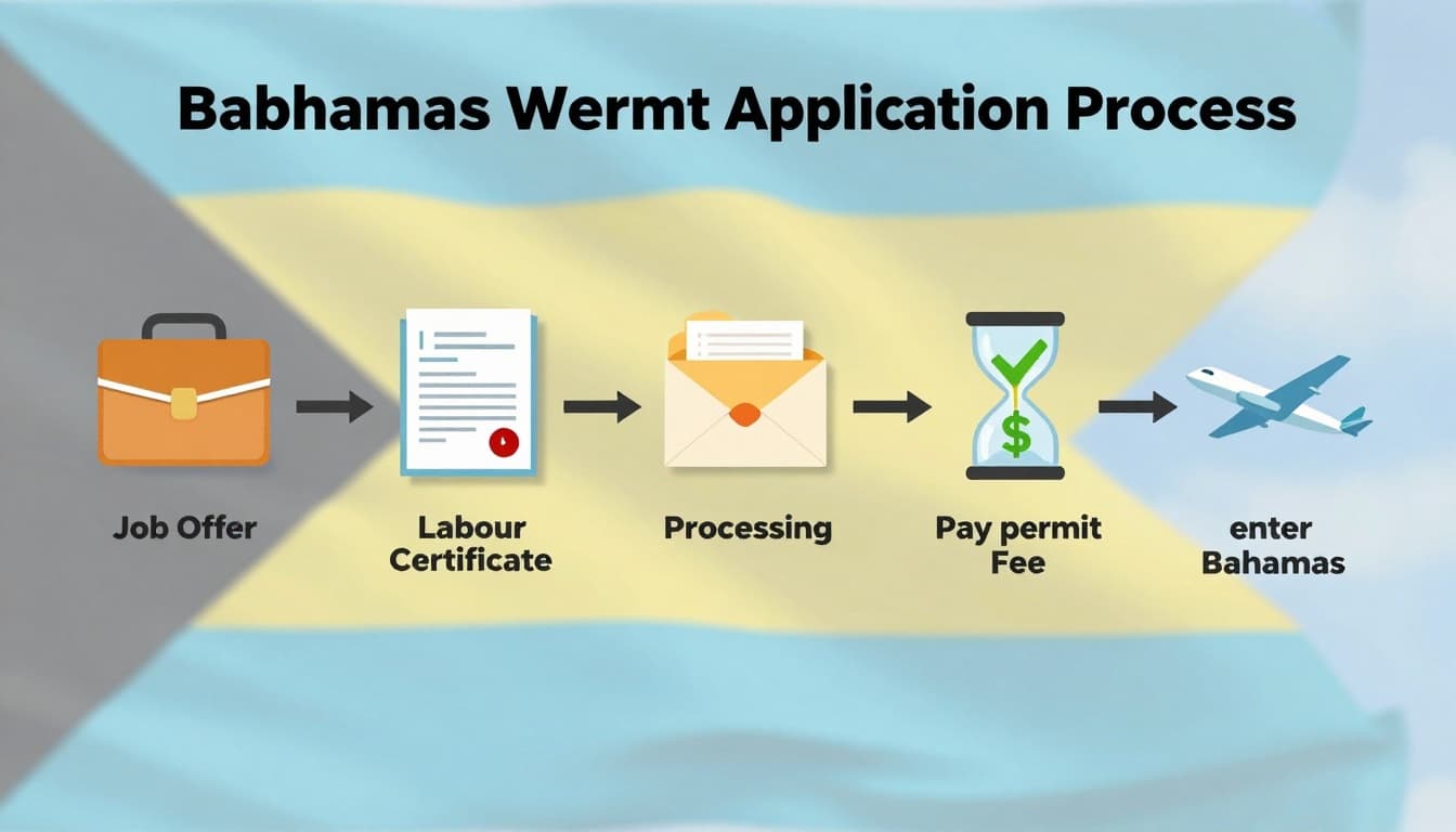 A detailed flowchart showing the step-by-step Bahamas work permit application process with icons for job offer, Labour Certificate, document gathering, employer submission, processing, approval, fee payment, and entry into Bahamas. Background features subtle Bahamas flag colors in light blue and yellow waves, in a professional infographic style with clean lines and arrows.