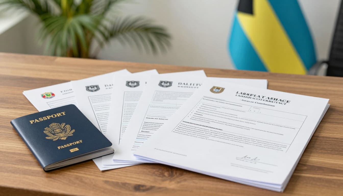Stack of official documents for Bahamas work permit including passport, application forms, medical certificate, police clearance, and Labour Certificate on a wooden desk in a professional Nassau office, with Bahamas flag and tropical plant in the background under natural lighting.