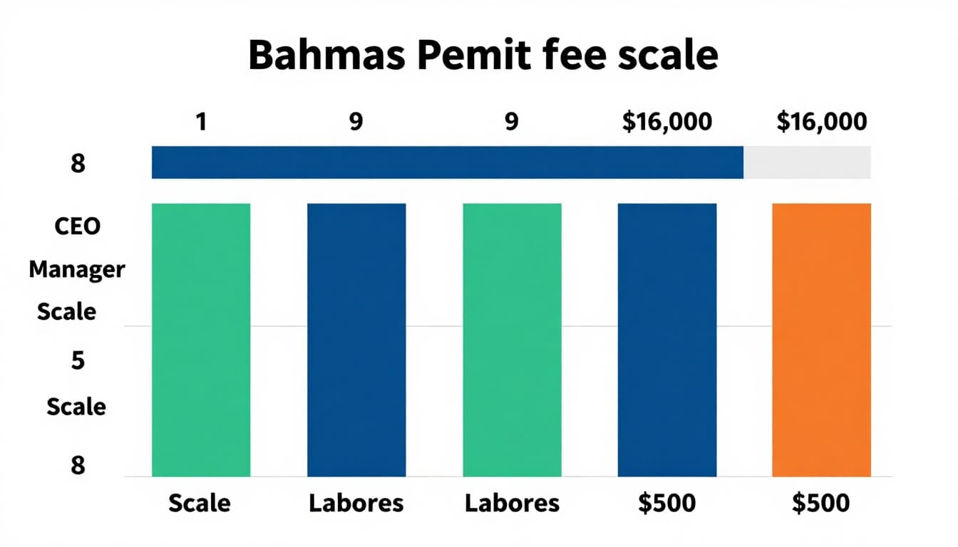 A professional infographic chart displaying Bahamas work permit fees from scale 1 (high executives ~$16,000) to scale 9 (laborers ~$500) in colorful bars or table format with simple job type labels.