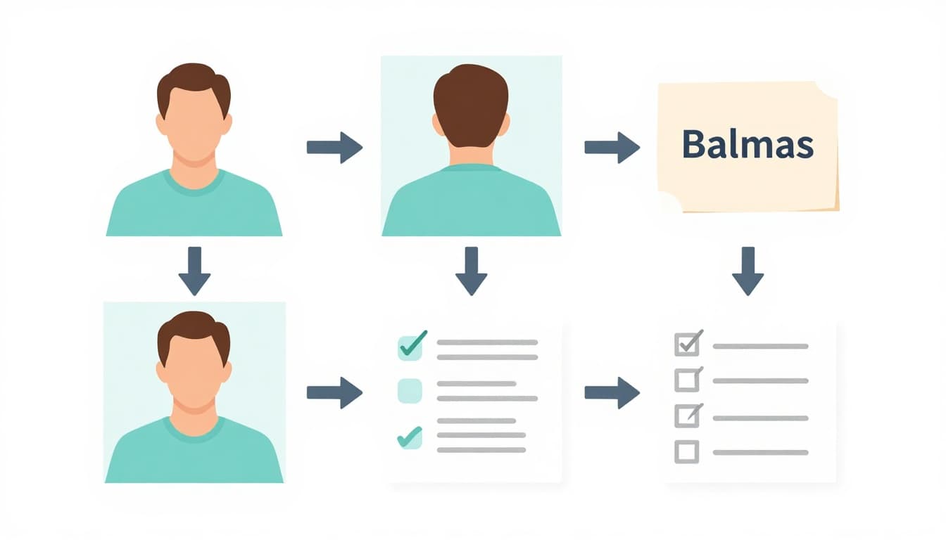 Infographic style illustration detailing the step-by-step process for taking Bahamas work permit photos, featuring icons for white background, neutral pose, 2x2 inch size, name on back, and checklist.