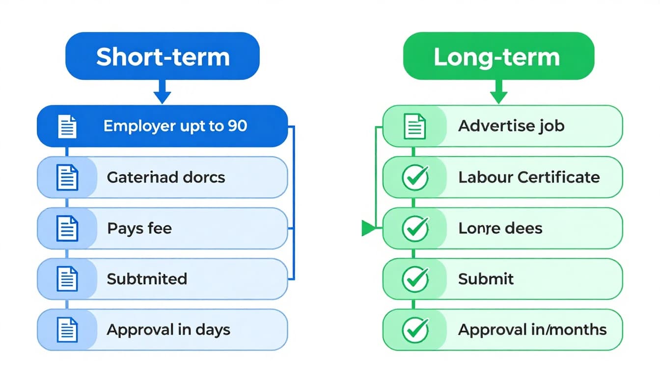 Simple clean flowchart illustrating the Bahamas work permit process, distinguishing short-term (up to 90 days) and long-term permits with key steps for each path.