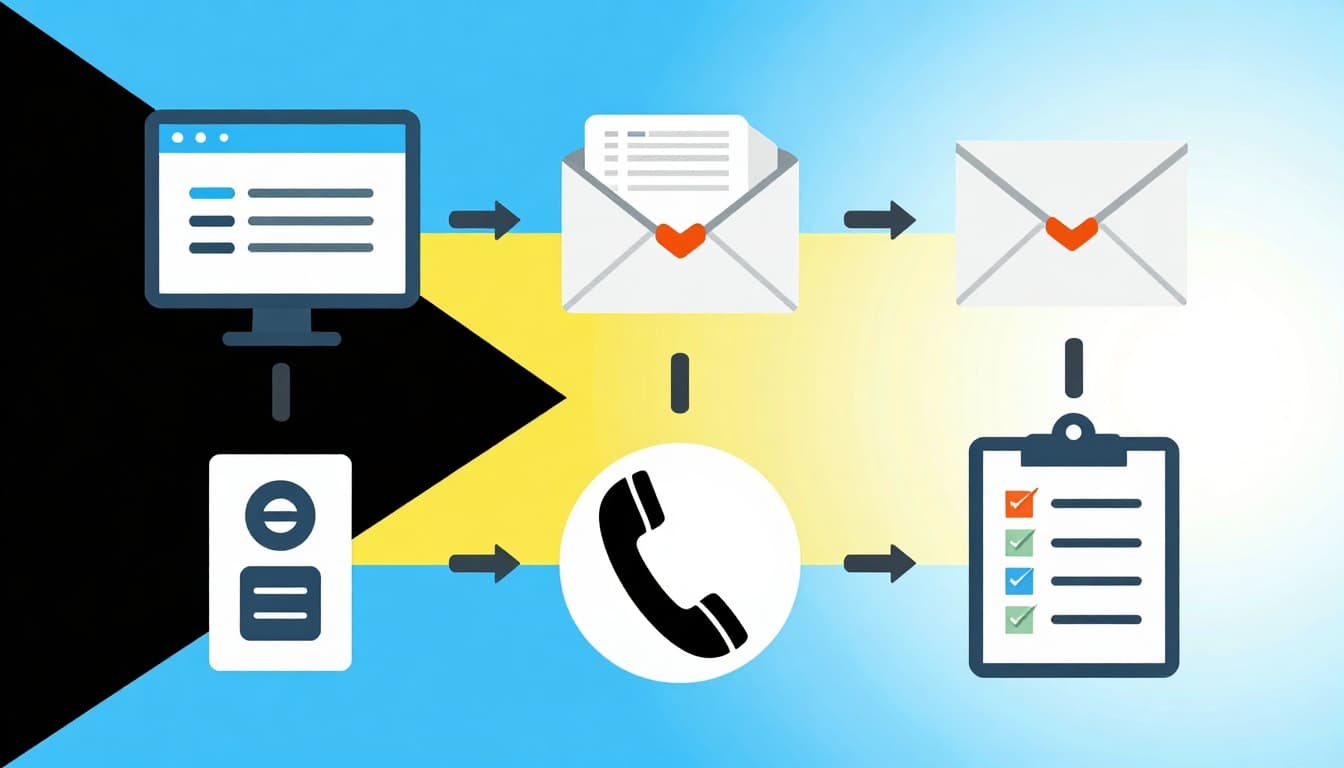 Clean infographic illustration of step-by-step icons for checking work permit status, including computer for online portal, envelope for email, phone for calls, checklist clipboard, and Bahamas flag elements in a vibrant, modern flat design with no text.