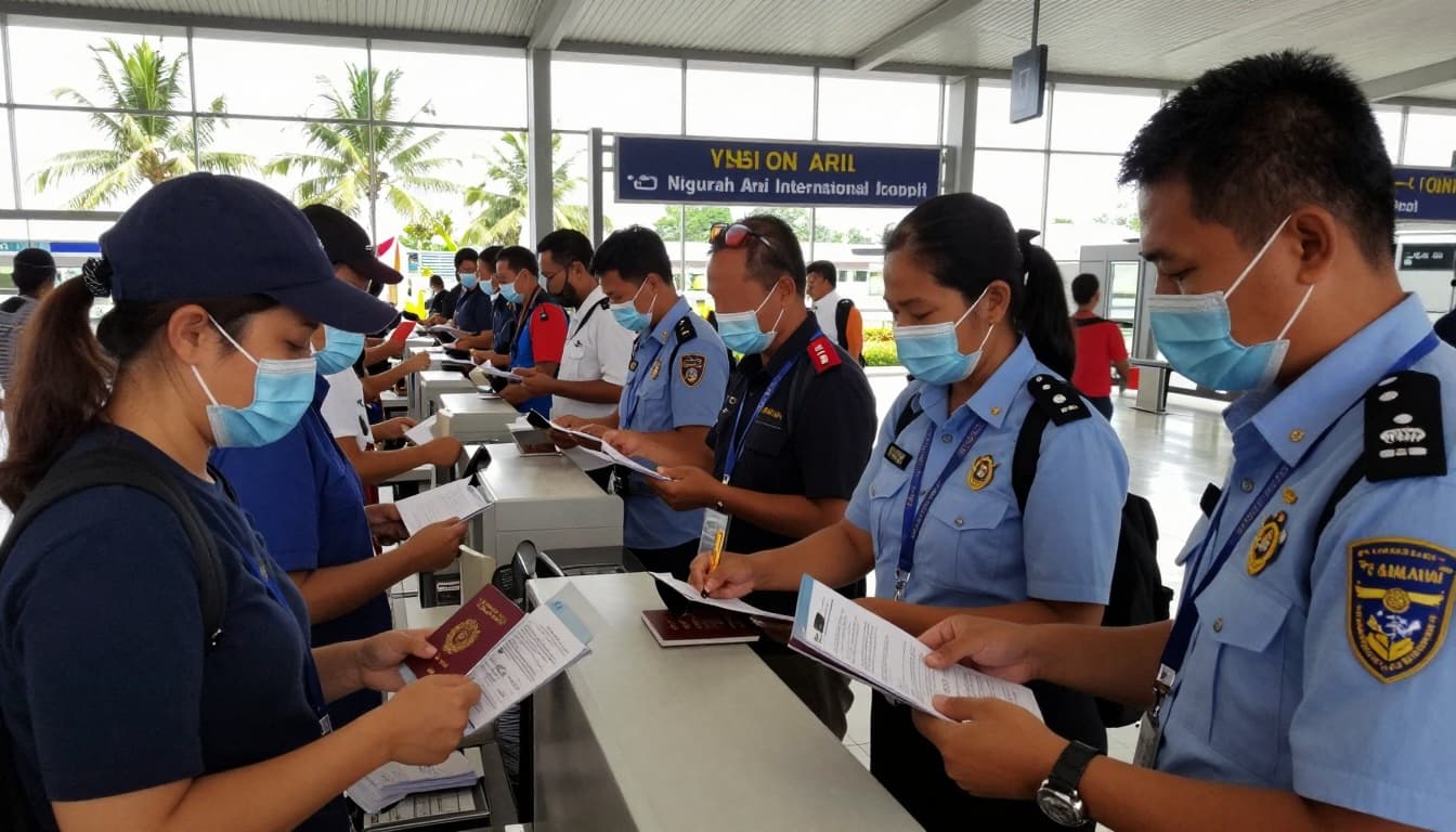 A crowded immigration counter at Bali's Ngurah Rai International Airport, with travelers queuing holding passports for visa on arrival, tropical palm trees visible through windows, realistic photo.