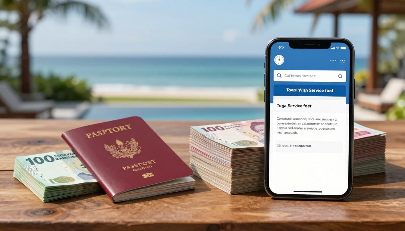 Split-image showing small stack of Indonesian Rupiah for official visa fee next to passport, versus larger stack for total with service fee beside smartphone and approval email, on wooden table in sunny Bali villa with ocean view.