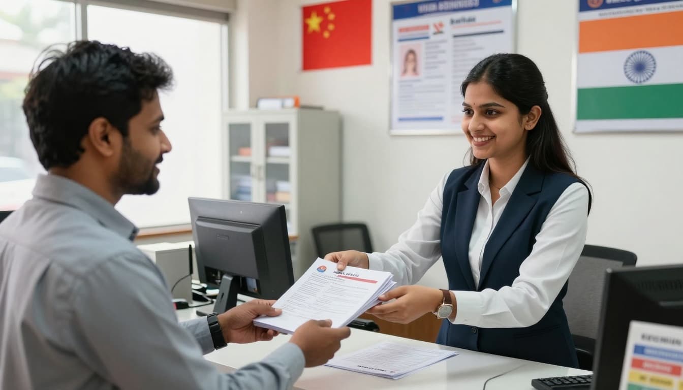 Best China Visa Services in Bangalore | Fast, Clear Fees 2 A smiling Indian customer in business attire hands a stack of documents including passport and forms to a professional female visa agent behind the counter in a busy visa office in Bangalore, India. The office features Chinese and Indian flags, visa posters, computers, filing cabinets, and bright natural light creating a welcoming atmosphere.