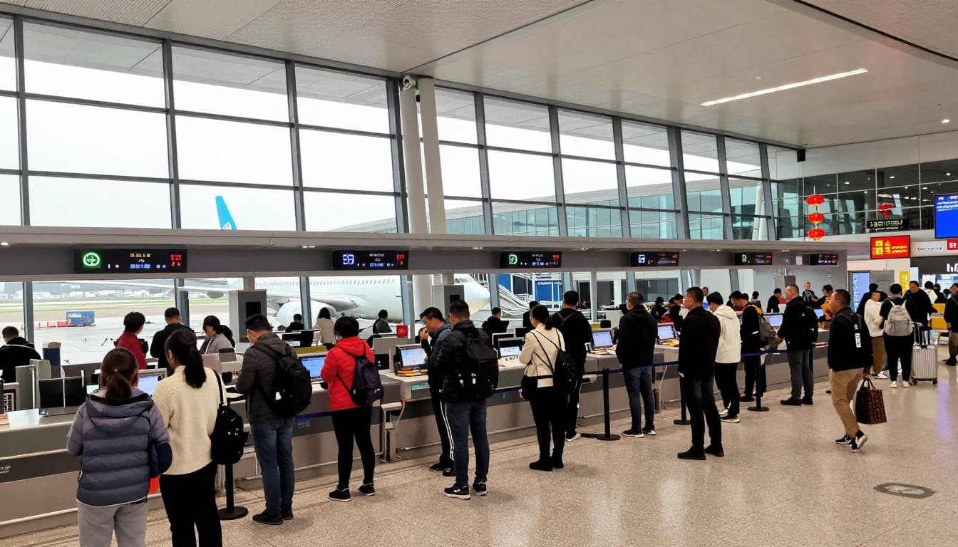 A busy international airport terminal in Beijing, China during daytime, with diverse travelers lining up at immigration counters and airplanes visible through large windows amid modern architecture with Chinese elements.