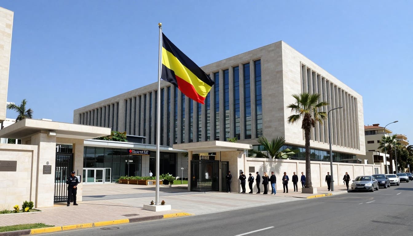 Realistic photograph of the Belgian Embassy building exterior in Beirut on a sunny day, featuring the waving Belgian flag, secure gate with personnel, queue of people, modern architecture, palm trees, and urban street background.