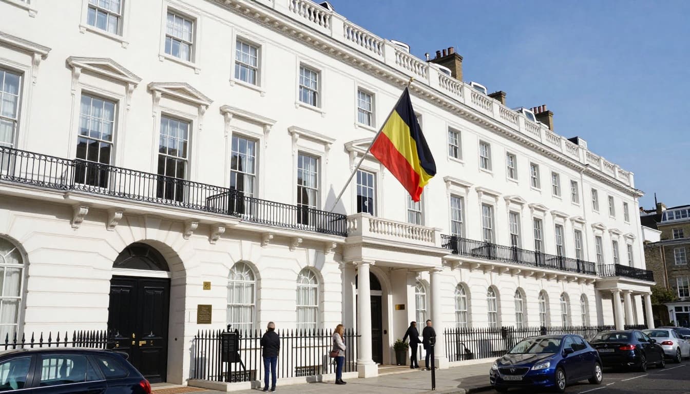 Passport Renewal Belgium Embassy London Guide Book Online 2 Exterior view of the elegant white townhouse Belgian Embassy at 17 Grosvenor Crescent in London, with black railings, large windows, waving Belgian flag, people waiting outside, clear blue sky, and parked cars.
