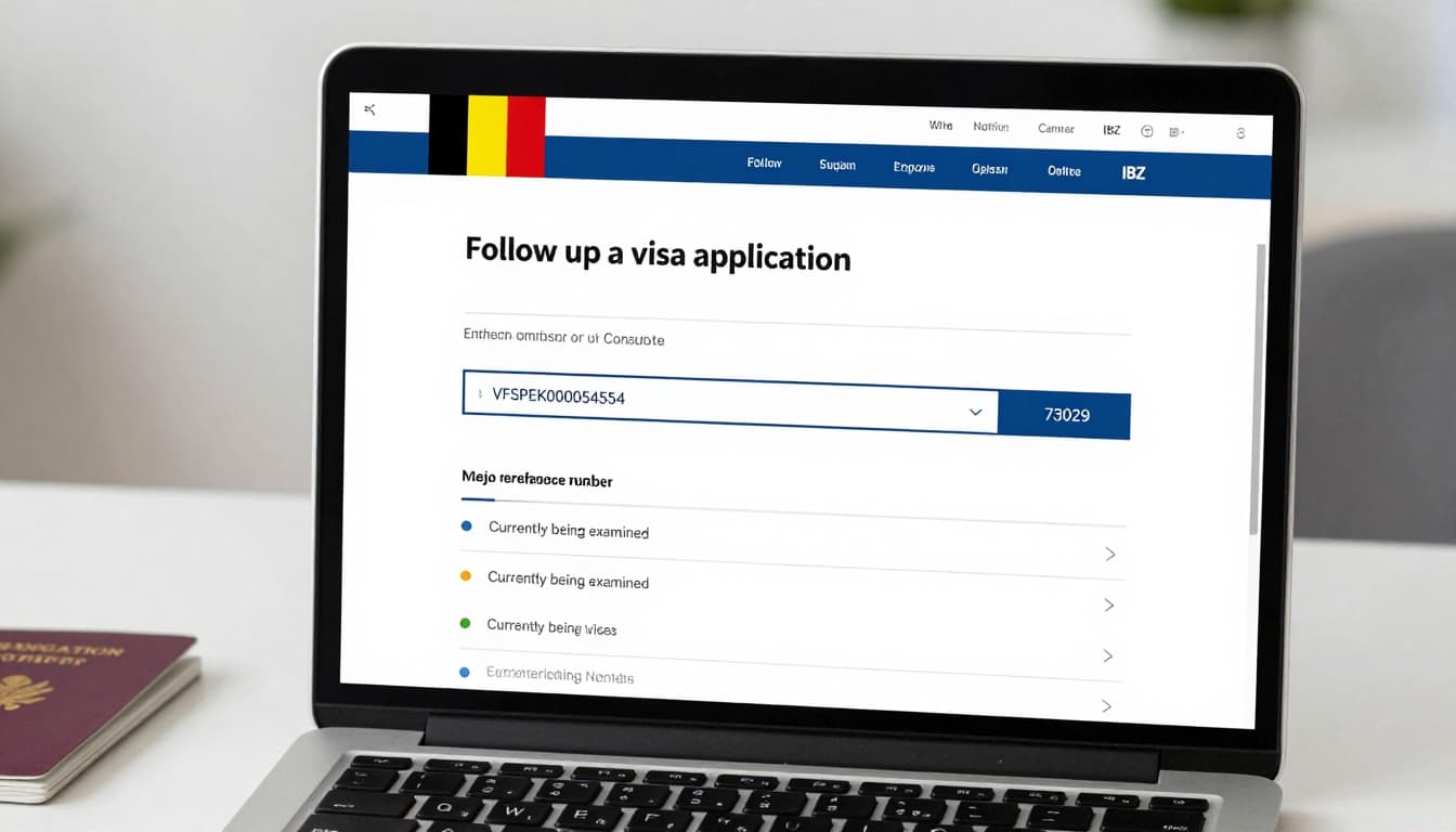 Realistic laptop screenshot of the official Belgian Immigration Office IBZ visa application follow-up page in English, featuring embassy dropdown, reference number input like VFSPEK000054554, search button, and sample status 'Currently being examined' in a professional blue-white government style with Belgian flag.
