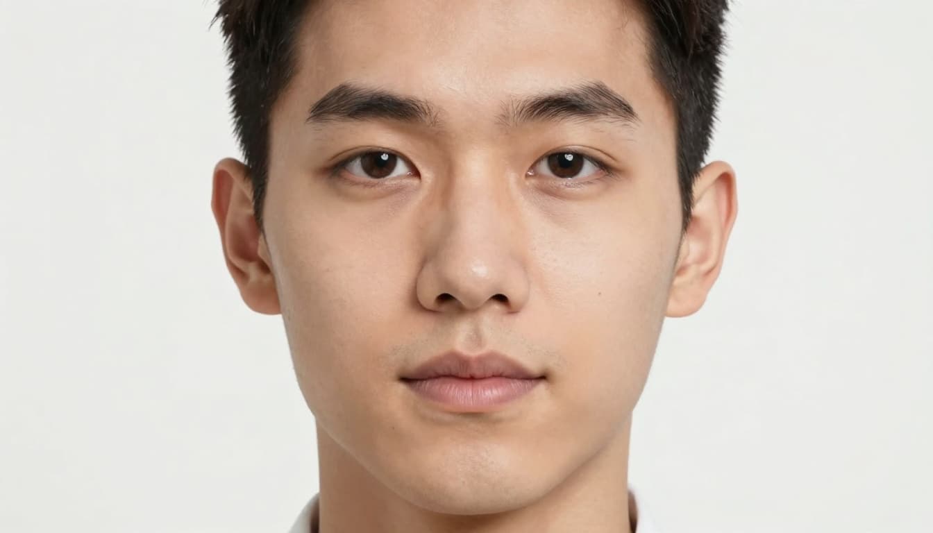 Close-up professional portrait photo of a neutral-faced person for Belgian Schengen visa application, head centered on plain white background with even lighting.