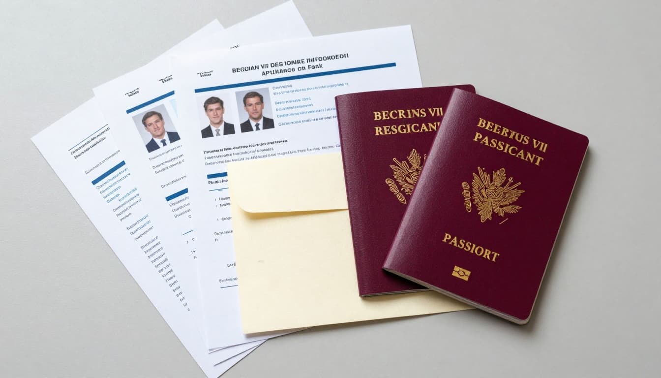Stack of essential documents for Belgian visa application, including passport, photos, bank statements, travel insurance, flight tickets, and invitation letter, arranged neatly on a table from top view.