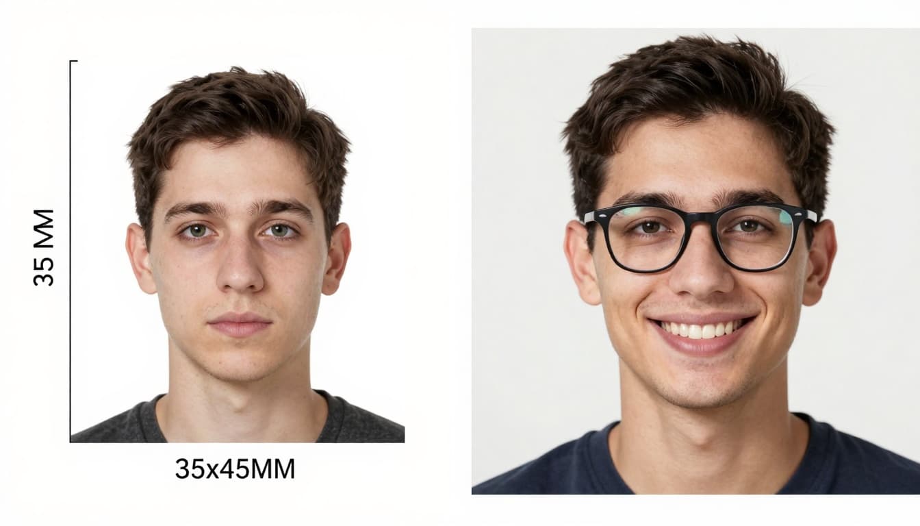 Side-by-side comparison showing a compliant Belgian visa photo (35x45mm, neutral face, white background, perfect lighting) versus a rejected one with common errors like smiling, shadows, wrong size, and glasses glare. Realistic professional photography in landscape orientation with high detail and sharp focus.