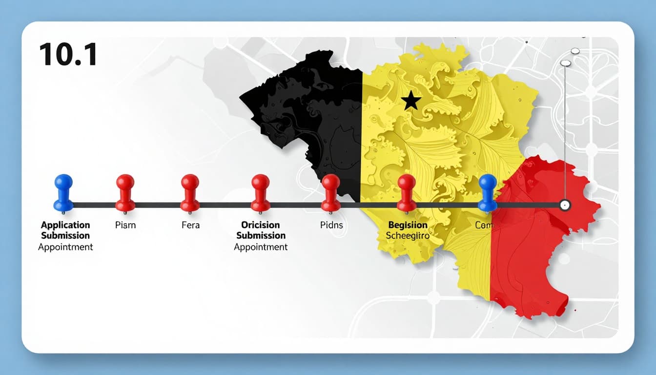 Photorealistic infographic-style calendar illustrating the Belgian visa application timeline, with pins on key dates like submission, appointment, and decision, set against a vibrant Schengen map highlighting Belgium.